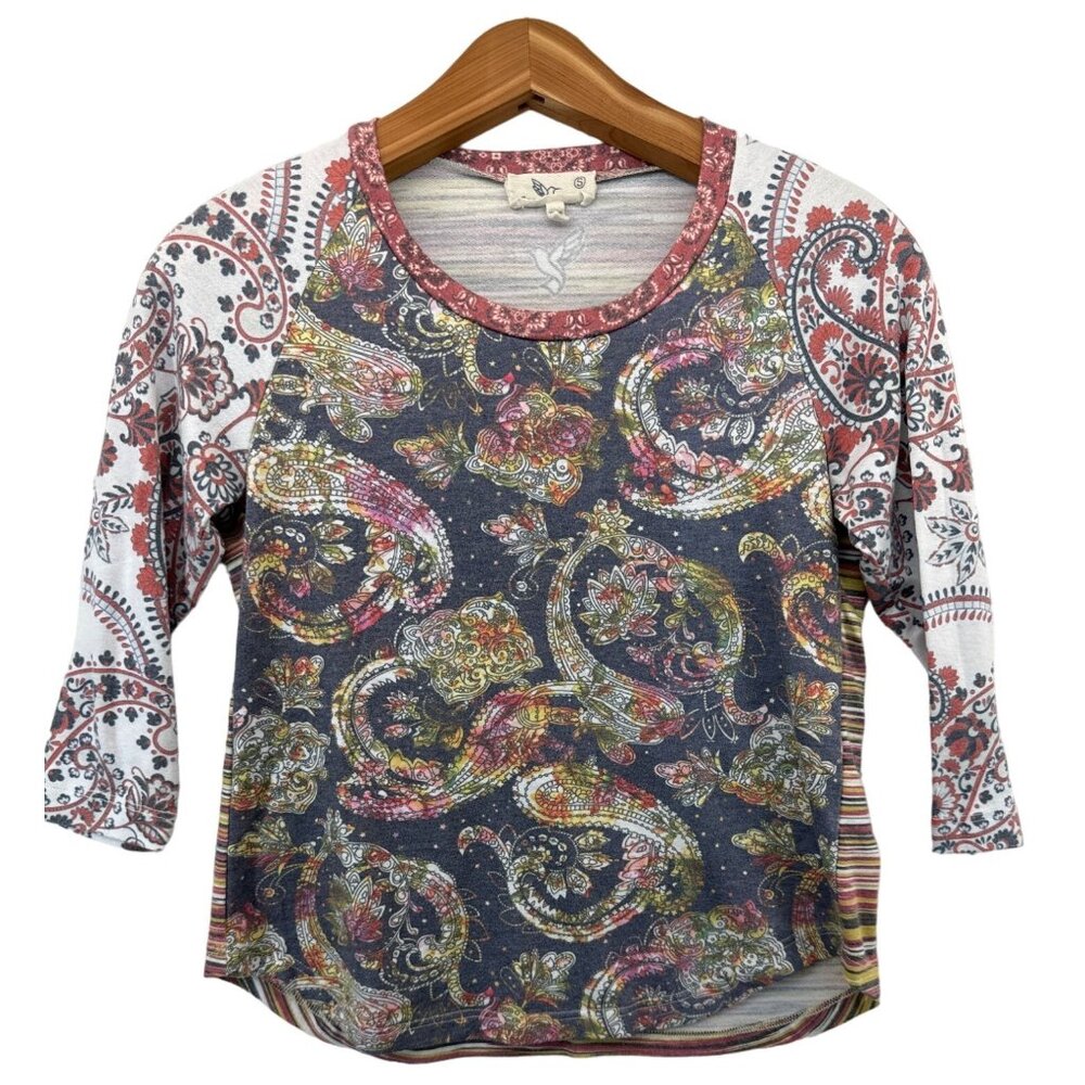 For Keeps Womens TShirt Sz S Boho MixedMedia Boho Paisley Floral 3/4 Slv MadeUSA
